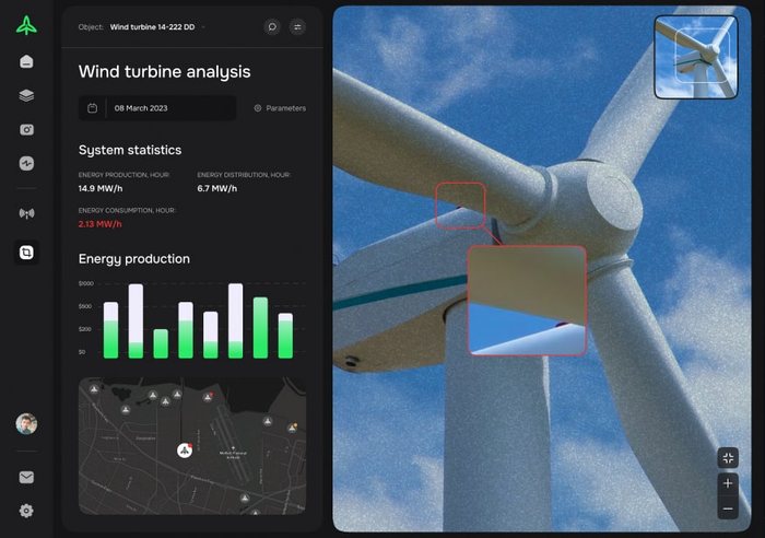 Turbine analysis dashboard: system statistics, energy production chart and annotated blade inspection imagery