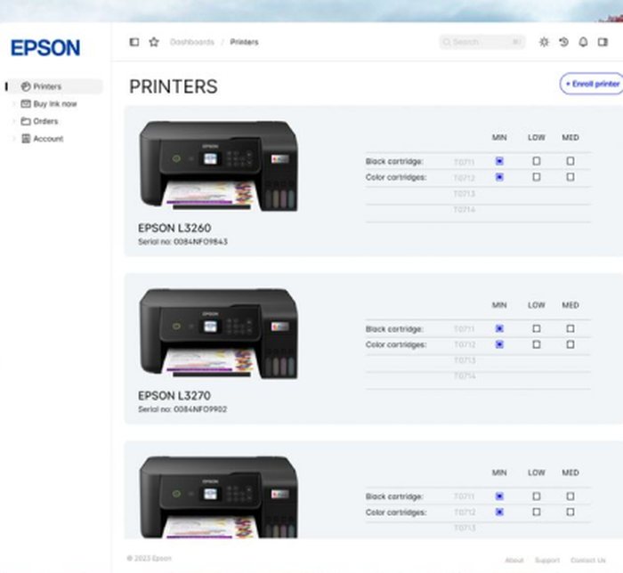 ReadyInk printer fleet screen showing per-cartridge ink levels across enrolled printers