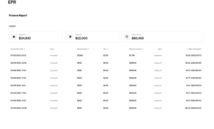 ERP finance report screen with summary figures and a transactions table