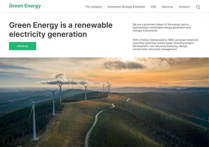 Green Energy portal home page for a renewable electricity generator